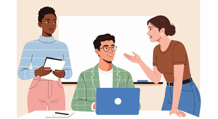 Fototapeta premium Team collaboration in modern office. Diverse coworkers discussing project ideas with laptop and tablet. Creative teamwork and communication concept for business, startup, or workplace illustration.