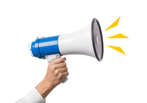 Isolated hand holding megaphone , Hand holding a loud megaphone for public announcement news tool