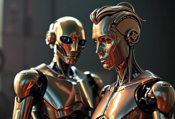 Naklejka premium A metallic android stands beside a human-like figure, bond, humanoid