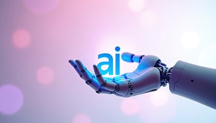 Robotic arm holds word AI on pink background. Cyborg palm presents symbol of artificial intelligence. Innovative tech solution. Future automation era with neural networks. Machine learning concept