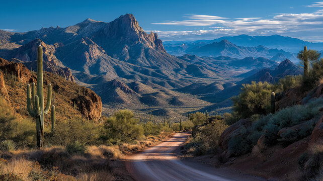 Arizona's Saguaro Desert Landscape. The iconic Bajada Loop Drive in Arizona's Saguaro National Park showcases a breathtaking desert landscape with saguaro cacti and majestic mountains 
