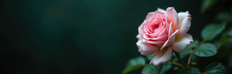 Delicate pink rose unfurls petals against dark, moody green background. Soft light illuminates bloom, intricate form, velvety texture. Symbol of romance, nature beauty, floral gem evokes sense of