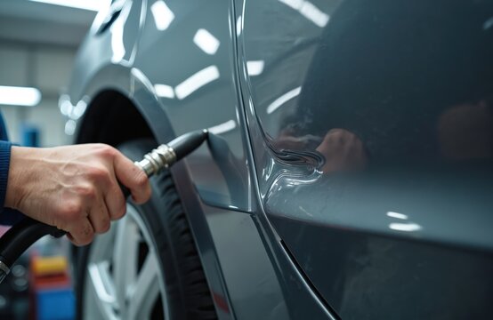 Mechanic hand uses tool to fix car dent. Auto service specialist removes damage from grey vehicle body without painting. Pro repairs modern automobile in workshop. PDR technology used to restore