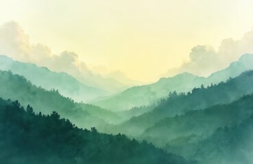 Fototapeta premium Misty mountains with lush green forest hills. Watercolor landscape with foggy valleys, cloudy sky. Soft morning light over mountain range with trees. Serene natural scenery with layered hills, mist.