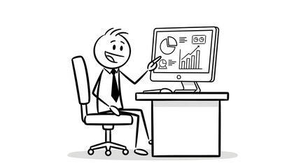 A stick figure with a tie points upwards, a thought bubble floats above him, smiling expression.