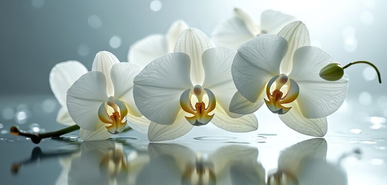 Delicate white orchids with water droplets repose on a slick reflective surface. A budding flower stem extends to the right. Soft bokeh lights create a dreamy, tranquil mood.