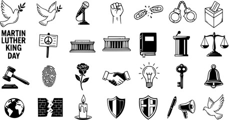 Martin Luther King Day and Civil Rights Icons Set: Featuring Symbols of Peace, Justice, Equality, Freedom, and Activism