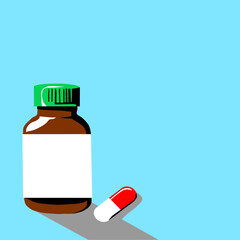 Illustration of a brown medicine bottle with a green cap next to a red and white capsule, on a light blue background, representing pharmaceuticals.