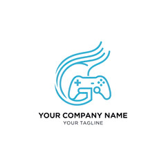 Gaming logo design with controller and flowing lines for company branding.