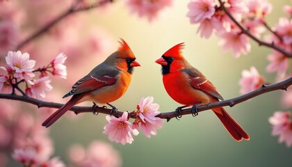 Two cardinals male and female perch on blooming cherry tree branch. Red bird and brownish bird sit close together in soft pastel light. Spring nature scene with vibrant avian life and floral blossoms.