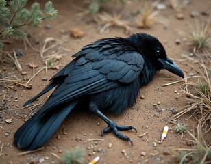 Obraz premium Black raven lies on dry ground near small plants. Bird appears dead sick. Two discarded cigarette butts rest near body. Image highlights wildlife vulnerability, environmental pollution, human impact