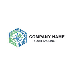 Abstract Hexagonal Circuit Board Logo Design for Technology Company.