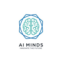 AI Minds Logo Featuring Brain Icon Inside Geometric Shape, Innovate the Future.