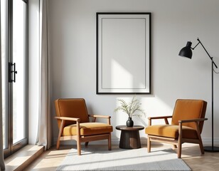 Modern living room with two comfortable orange armchairs. Wooden frames, side table, green plant vase. Bright space features large window, blank poster on white wall, floor lamp. Cozy Scandinavian