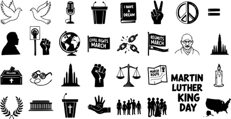Obraz premium Detailed Vector Icon Set: Martin Luther King Jr. Day, Civil Rights Movement, Equality, Peace, and Social Justice Symbols for Commemoration and Awareness