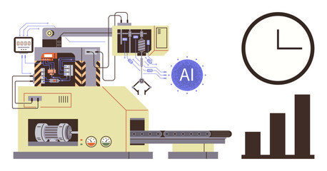 Automated industrial machine with robotic arms and AI circuit. Clock signifies time management. Performance chart highlights efficiency. Ideal for innovation, automation, AI, tech concept