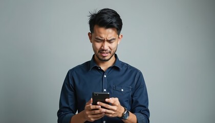 Young Asian man looks irritated by text message on smartphone. Guy wears navy shirt, holding mobile phone, showing upset facial expression and negative emotion.