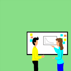 Two people, a man and a woman, discussing a graph on a whiteboard with sticky notes, representing a business meeting or presentation.