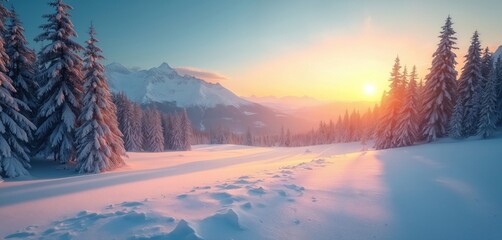 Golden sunrise light warms vast snow covered winter landscape. Majestic pine trees stand frosted in forest with distant snow peaks. Serene cold morning beauty fills crisp air. Explore peaceful