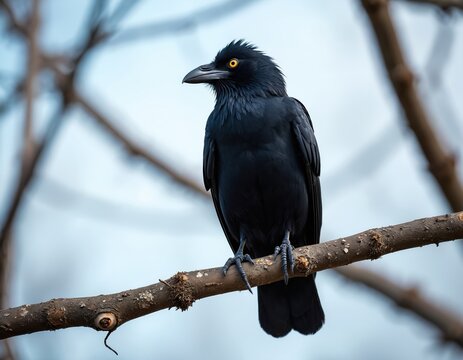 Black bird perched on a tree branch with sharp claws. Crow or raven with yellow eye looking away. Bird in nature with bare trees. Wildlife scene with bird on wood. - Powered by Adobe