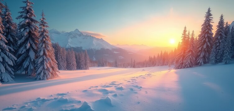 Golden sunrise light warms vast snow covered winter landscape. Majestic pine trees stand frosted in forest with distant snow peaks. Serene cold morning beauty fills crisp air. Explore peaceful