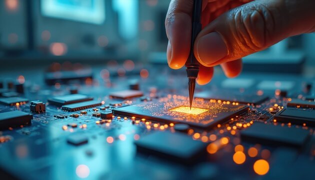 Human hand precisely touches glowing microchip on blue circuit board. Engineer works on advanced electronic tech device in modern lab. Data flows, innovation happens, building future computer