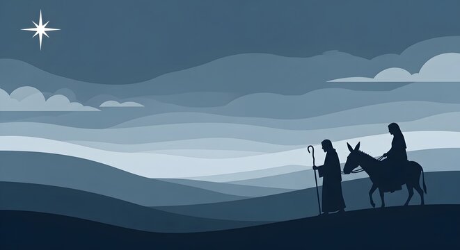 A silhouette of mary and joseph on a donkey under a star against a layered mountain background