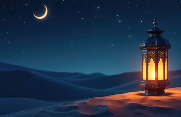 Naklejka premium Decorative lantern glows warmly on sand dunes under starry night sky with crescent moon visible. Scene evokes spirit of Ramadan, Islamic culture, suggesting tradition, spirituality in desert setting.