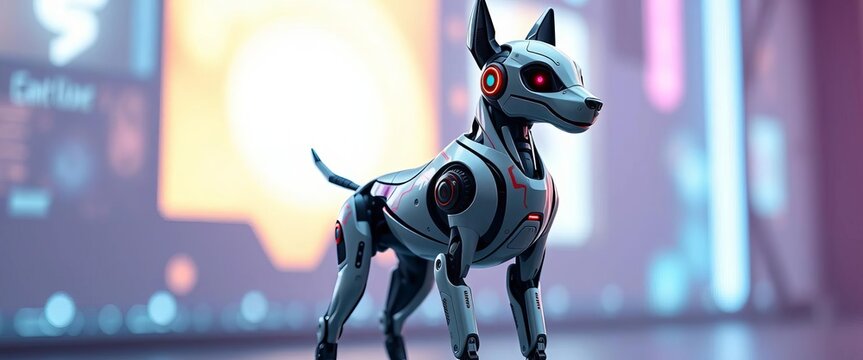 Sleek robotic canine standing, futuristic design, motor, processor