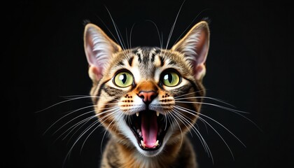 Tabby cat portrait with wide green eyes, open mouth, showing surprise or excitement. Domestic animal face closeup with striped fur, whiskers against black background. Cute pet expression isolated.