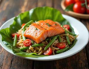 Delicious cooked salmon fillet with noodles, green beans, cherry tomatoes served on large green leaf in white plate. Healthy fresh meal placed on rustic wood table, ready for gourmet lunch dinner.