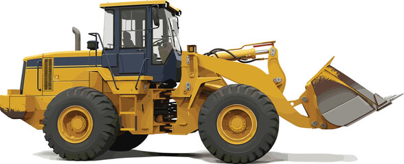 Fototapeta premium Yellow front-end loader, a powerful construction vehicle. Features a large scoop bucket for efficient earthmoving, excavation, and material handling on industrial sites