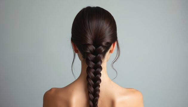 Back view of woman with long, dark, braided hair. Simple french braid hairstyle showcases healthy hair. Elegant, classic coiffure shows style, beauty. Perfect for hair care product ads.