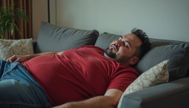 Chubby bearded man sleeps on grey sofa. Guy wears red tshirt. Person is tired, rests at home. Male relax on comfortable couch during daytime. Sleepy adult napping after hard day.