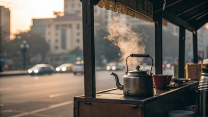 Steaming chai kettle at a city roadside stall