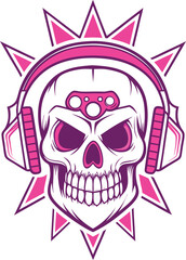 Fototapeta premium Pink Skull Wearing Headphones and Gaming Controller