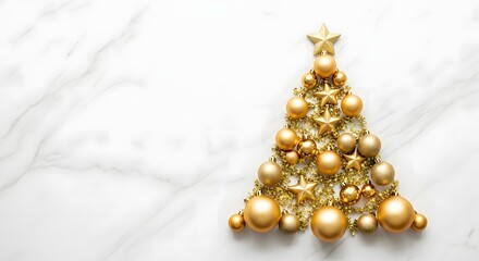 Fototapeta premium Golden christmas tree created with ornaments on a white marble