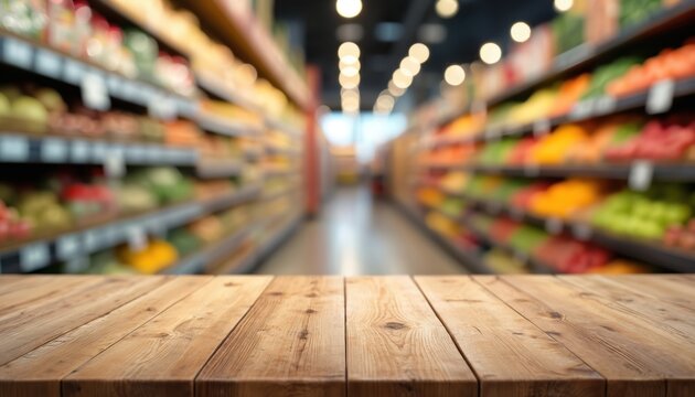 Empty natural wood table stands ready for products. Blurred supermarket background long aisles with colorful fresh fruits, vegetables on bright store shelves. Retail grocery interior creates