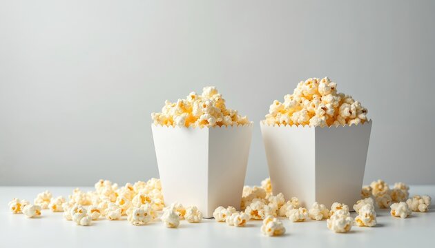 Two plain white popcorn boxes are full of fresh kernels. Popcorn also spills on a clean light background. This snack is great for a movie, cinema, or home entertainment. It brings joy and fun.