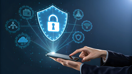 Hand touching smartphone with shield icon and padlock, representing data protection and cybersecurity, emphasizing secure access and privacy in the digital age for mobile devices