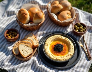 Gourmet picnic spread with creamy hummus, topped by luxurious black, red caviar. Fresh bread slices, assorted rolls, green olives arranged on stylish striped blanket. Sunny outdoor lunch on green