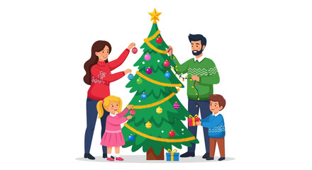 Happy Family Decorating Christmas Tree Together, Spreading Holiday Cheer and Festive Spirit at Home