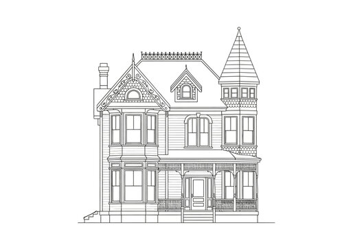 Detailed Architectural Line Drawing of a Victorian House with Tower