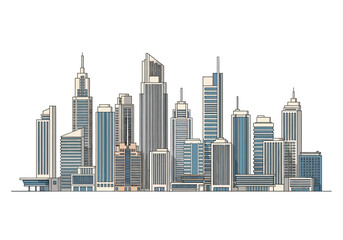 Fototapeta premium Modern Cityscape Illustration with Sleek Skyscrapers Against White