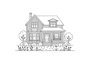 Detailed Line Art of a Classic Two-Story House with Dormer and Garden