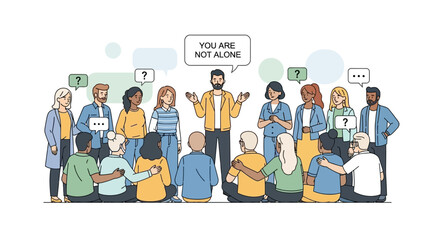 Flat vector illustration of a diverse community in a group therapy session. People finding support and connection for mental health issues