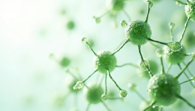 Microscopic green cells form complex molecular structures. These organic microscopic organisms grow in water. They photosynthesize light, representing life and nature.