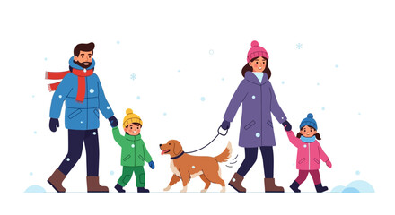 Happy family with two children and a dog walking together in warm winter clothes during a snowfall