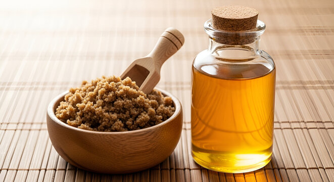 brown sugar scrub natural and golden oil bottle on wooden mat