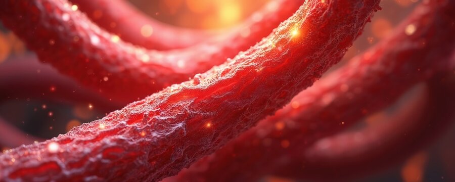 Abstract close-up shows red organic fibers with detailed rough texture. Intricate strands resemble muscle tissue blood vessels inside human body. Bright glowing spots suggest energy flow, cellular